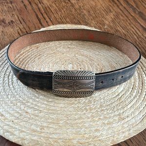 Vintage Sliver Big Buckle Western Distressed Leather Belt Size Medium